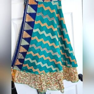 Sari Wrap Skirt, Regular TEA length, one size fits most. Teal, blue and cream